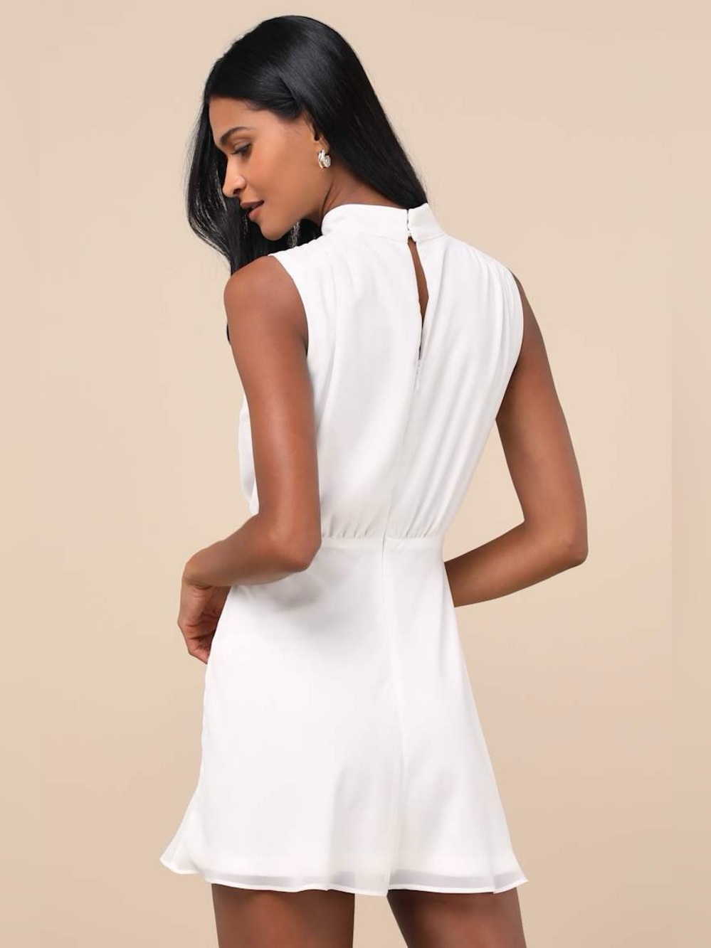 Lulus Classic Elegance White Chiffon Sleeveless Mock Neck Mini Dress - Picture 2 of 8